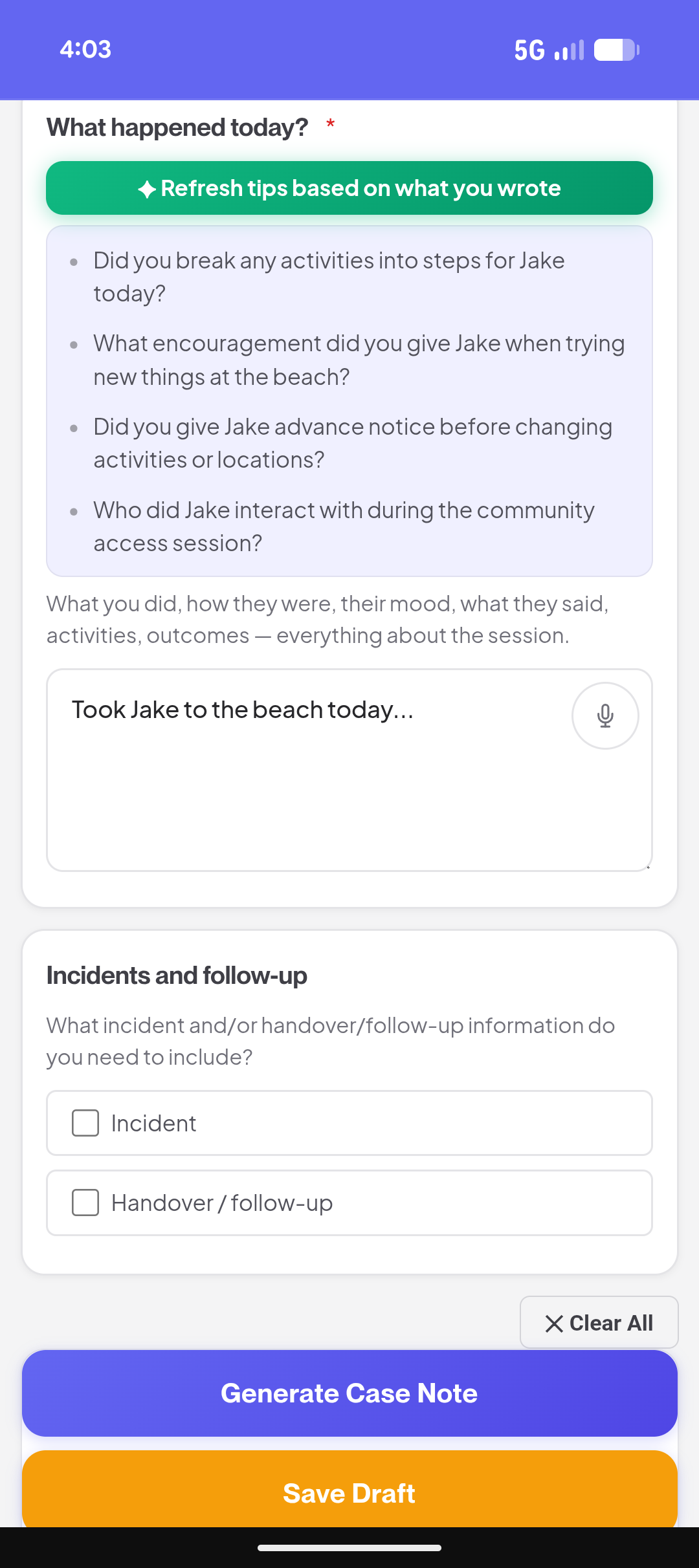 Clio Care new note screen with AI tips
